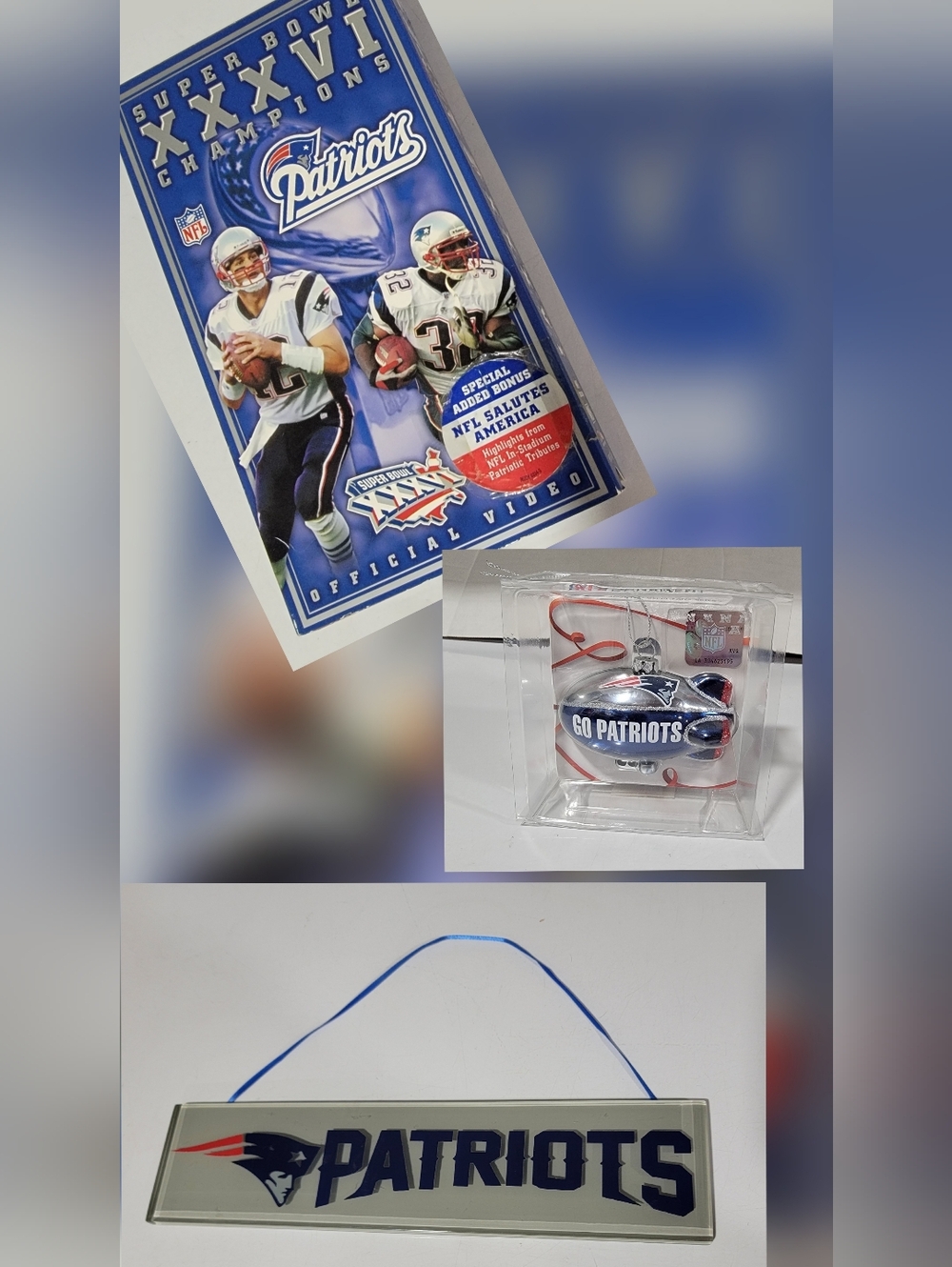 Bundle of Goodies-New England Patriots Superbowl XXXVI VHS, Ornament & Sign